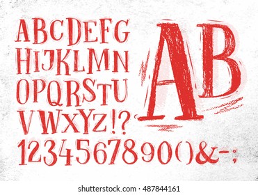 Font Pencil Vintage Alphabet Drawing In Red Color On Dirty Paper Background.