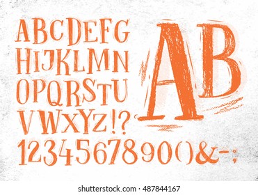 Font pencil vintage alphabet drawing in orange color on dirty paper background.