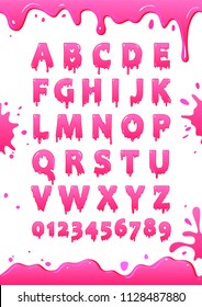 Font of pink glaze. Sweet alphabet. Letters and numbers vector poster