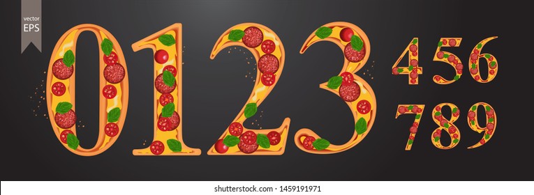 Font for pizza. Numbers zero, one, two, three, four, five, six, seven, eight, eight, nine. Food Alphabet. Fast food. Italian. Tomatoes, cheese, basil and sausage. Vector