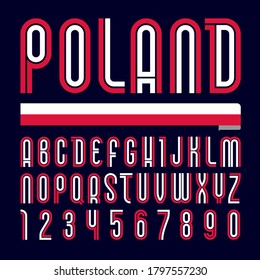 Font Poland. Trendy bright alphabet, colorful letters on a black background.