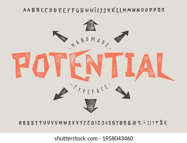 Font Potential.  Craft retro vintage typeface design. Graphic display alphabet. Fantasy type letters. Latin characters, numbers. Vector illustration. Old badge, label, logo template.