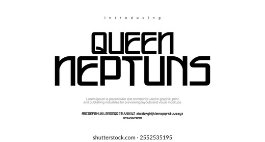 La Reina Neptuno es Abstractas Fuentes de alfabeto moderno scifi. Ciencia Tipografía de ficción Deporte, tecnología, moda, digital, futuro logotipo creativo Ilustración vectorial. Espacio aéreo Astrounot 