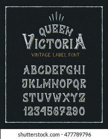 FONT QUEEN VICTORIA. Hand crafted old retro vintage typeface design. Original handmade textured lettering type alphabet on navy background. Authentic handwritten font, vector letters and numbers.