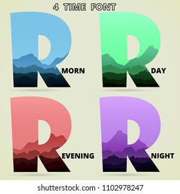 Font R wild view with mountain and forest. 4 tone color blue green red purple. Meaning morning day evening night 4 time in 24 hour.