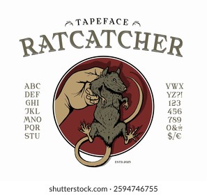Font Ratcatcher. Craft vintage typeface design. Graphic display alphabet. Fantasy type letters. Latin characters, numbers. Vector illustration. Old badge, label, logo template.
