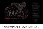 Font The Raven. Craft retro vintage typeface design. Graphic display alphabet. Fantasy type letters. Latin characters, numbers. Vector illustration. Old badge, label, logo template.

