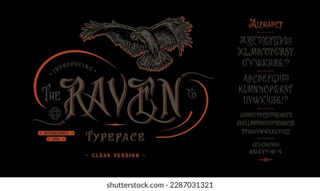 Font The Raven. Craft retro vintage typeface design. Graphic display alphabet. Fantasy type letters. Latin characters, numbers. Vector illustration. Old badge, label, logo template.
