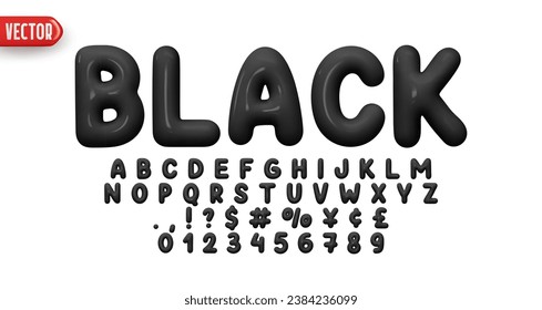 Font realistic 3d design, black colors. Complete alphabet and numbers from 0 to 9. Collection Glossy letters in cartoon style. Fonts voluminous inflated from balloon. Vector illustration