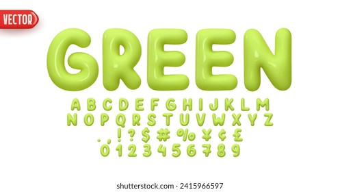 Font realistic 3d design, green colors. Complete alphabet and numbers from 0 to 9. Collection Glossy letters in cartoon style. Fonts voluminous inflated from balloon. Vector illustration svg