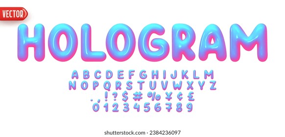 Diseño 3d de tipo de letra realista, colores de gradiente holograma. Alfabeto y números completos de 0 a 9. Colección de letras brillantes al estilo de las caricaturas. Fuentes voluminosas infladas desde el globo. Ilustración del vector