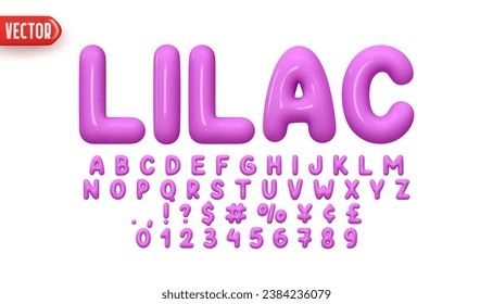 Font realistic 3d design, lilac colors. Complete alphabet and numbers from 0 to 9. Collection Glossy letters in cartoon style. Fonts voluminous inflated from balloon. Vector illustration