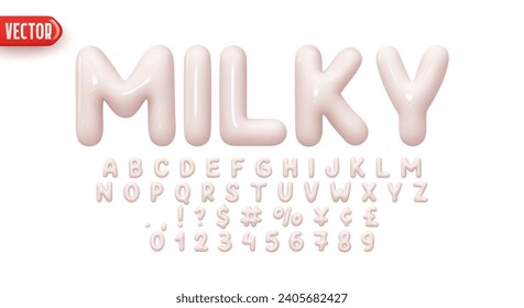 Font realistic 3d design, milky colors. Complete alphabet and numbers from 0 to 9. Collection Glossy letters in cartoon style. Fonts voluminous inflated from balloon. Vector illustration svg