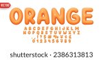 Font realistic 3d design, orange colors. Complete alphabet and numbers from 0 to 9. Collection Glossy letters in cartoon style. Fonts voluminous inflated from balloon. Vector illustration