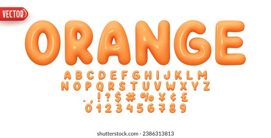 Font realistic 3d design, orange colors. Complete alphabet and numbers from 0 to 9. Collection Glossy letters in cartoon style. Fonts voluminous inflated from balloon. Vector illustration - Vector στοκ