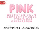 Font realistic 3d design, pink colors. Complete alphabet and numbers from 0 to 9. Collection Glossy letters in cartoon style. Fonts voluminous inflated from balloon. Vector illustration