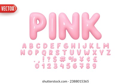Font realistic 3d design, pink colors. Complete alphabet and numbers from 0 to 9. Collection Glossy letters in cartoon style. Fonts voluminous inflated from balloon. Vector illustration svg