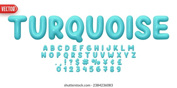 Font realistic 3d design, turquoise colors. Complete alphabet and numbers from 0 to 9. Collection Glossy letters in cartoon style. Fonts voluminous inflated from balloon. Vector illustration