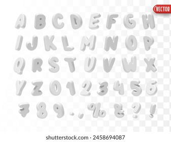 Font realistic 3d design White milk color. Complete alphabet and numbers from 0 to 9. Collection of large letters in cartoon style. Fonts are voluminous with different slants. Vector illustration