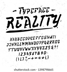 Font Reality. Hand crafted modern typeface design. Handmade  display alphabet. Vector graphic illustration badge label logo template. Type English letters, numbers.
