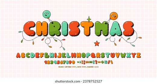 Navidad retro de fuentes. Letras y números de colores alfabetos. Símbolos decorativos de la tipografía.