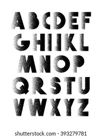 Font retro stipple. Alphabet  black letters engraving spot. vector illustration