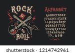 Font Rock & Roll. Hand crafted retro vintage typeface design. Handmade  lettering. Authentic handwritten graphic alphabet. Vector illustration old badge label logo template.