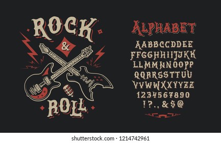 Font Rock & Roll. Hand crafted retro vintage typeface design. Handmade  lettering. Authentic handwritten graphic alphabet. Vector illustration old badge label logo template.
