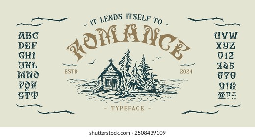 Font Romance. Craft vintage typeface design. Graphic display alphabet. Fantasy type letters. Latin characters, numbers. Vector illustration. Old badge, label, logo template.