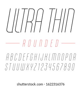 Font from rounded ultra thin line, trendy italic alphabet, modern condensed black letters and numbers