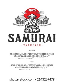 Font Samurai. Fantasy Typeface Design. Latin Alphabet With European Language Support. Vintage Type Of Letters And Numbers. Vector Illustration. Old Badge, Label, Logo Template.
