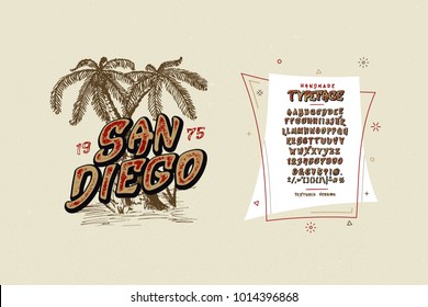 Font San Diego. Handmade modern textured vintage display typeface.  Fashion design brush alphabet. Vector letters. Set of Latin characters, numbers, punctuation. For typography, print logo, t-shirts