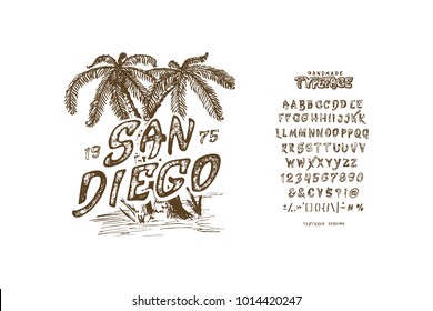 Font San Diego. Handmade modern textured vintage display typeface.  Fashion design brush alphabet. Vector letters. Set of Latin characters, numbers, punctuation. For typography, print logo, t-shirts 