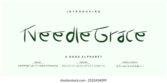 Script De Fuente “Needle Grace” Mayúsculas Y Minúsculas Y Número. Diseños de moda minimalistas con letras clásicas. Fuentes Script Tipografía moderno concepto femenino decorativo regular. Ilustración vectorial