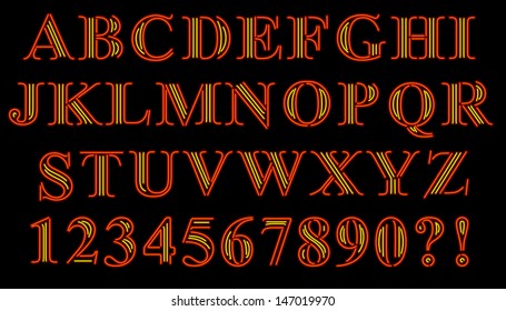 Font of serif characters rendered in neon style