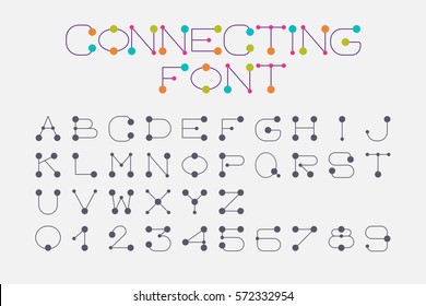 Font Set Design Using Dot And Connecting Line Style To Represent Connection, Link, Together And Collaboration.