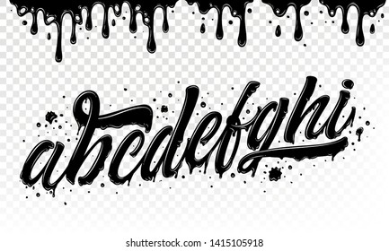 Font set with letters a, b, c, d, e, f, g, h, i. Graffiti alphabet with paint border. Black ink alphabet with glossy. Text graphic elements. Vector typography.