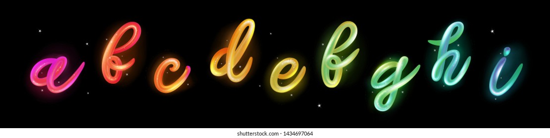 Font set with letters a, b, c, d, e, f, g, h, i. Glossy rainbow alphabet. 3D render of bubble font with neon and glow effect. Typography vector illustration.