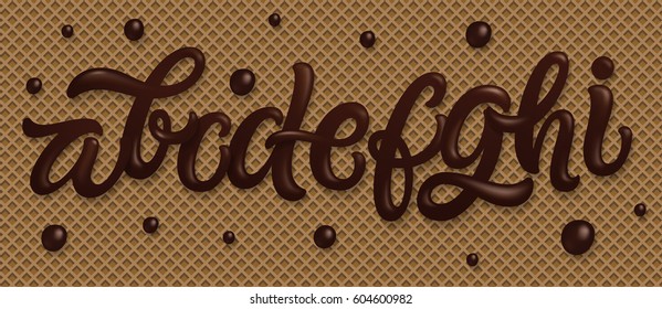 Font set with letters a, b, c, d, e, f, g, h, i. Latin alphabet made of dark melted chocolate with waffle background. Dessert typeface set. Vector illustration.