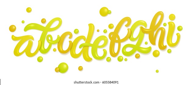 Font set with letters a, b, c, d, e, f, g, h, i. Alphabet made of fresh citrus juices (orange, grapefruit, lemon, fresh lime) isolated on white. 