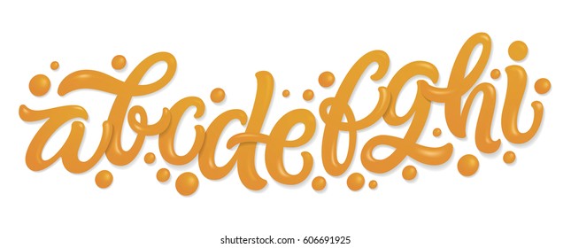 Font set with letters a, b, c, d, e, f, g, h, i. English alphabet set made of caramel, liquid and glossy.