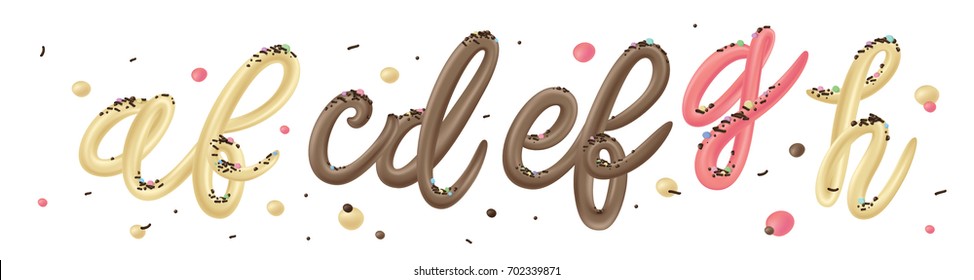 Font set with letters a, b, c, d, e, f, g, h isolated on white background. Alphabet set made of chocolate, vanilla and strawberry Ice cream. Dessert font. Typography vector illustration.
