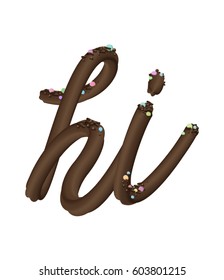 Font set with letters h, i. Latin alphabet made of dark chocolate cream with many decorative sprinkles. 3d typeface for banner, poster, flyer, birthday cards, cover.
