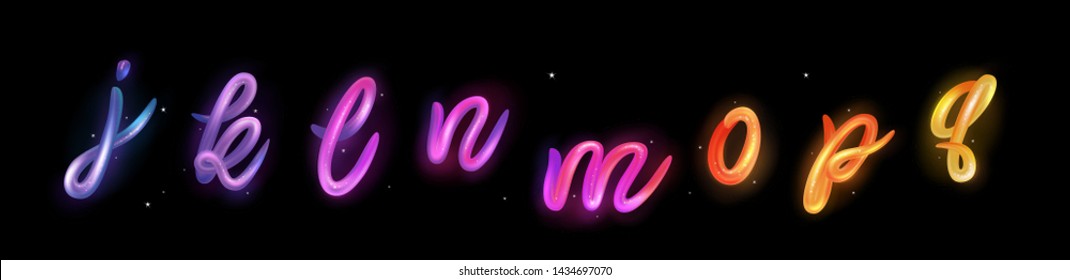 Font set with letters j, k, l, m, n, o, p, q. Glossy rainbow alphabet. 3D render of bubble font with neon and glow effect. Typography vector illustration.