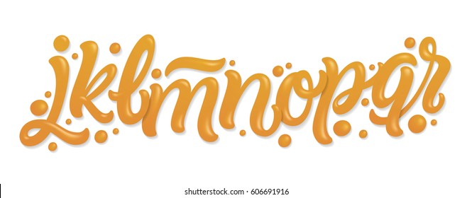 Font set with letters j, k, l, m, n, o, p, q, r. Alphabet set made of caramel, liquid and glossy. 