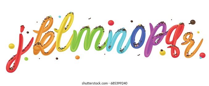 Font set with letters j, k, l, m, n, o, p, q, r isolated on white. Glossy colorful paint letters. Sweet cream typeface. 3D render of bubble font with glint. Rainbow colors. Typography vector.