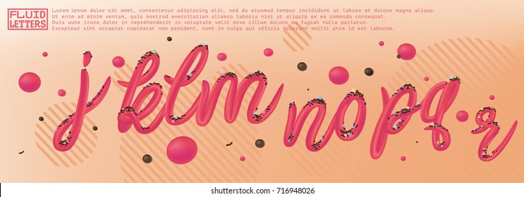 Font set with letters j, k, l, m, n, o, p, q, r. Glossy pink paint letters. 3D render of bubble font with glint. Typography vector illustration.