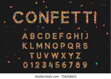 Font set with letters from multi-colored paper confetti. vector illustration