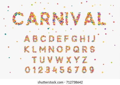 Font set with letters from multi-colored round confetti.