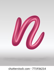 Font set with letters n. Glossy pink paint letters. 3D render of bubble font with glint. Typography vector illustration.